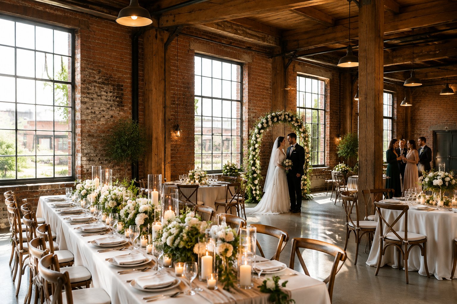 A couple stands beneath a floral arch at a wedding reception in a brick industrial venue.
