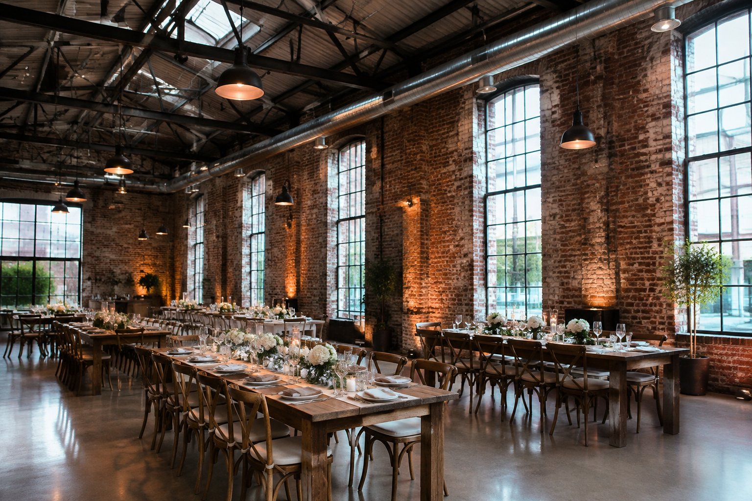 A wedding reception set among brick walls, steel beams, and wooden tables.