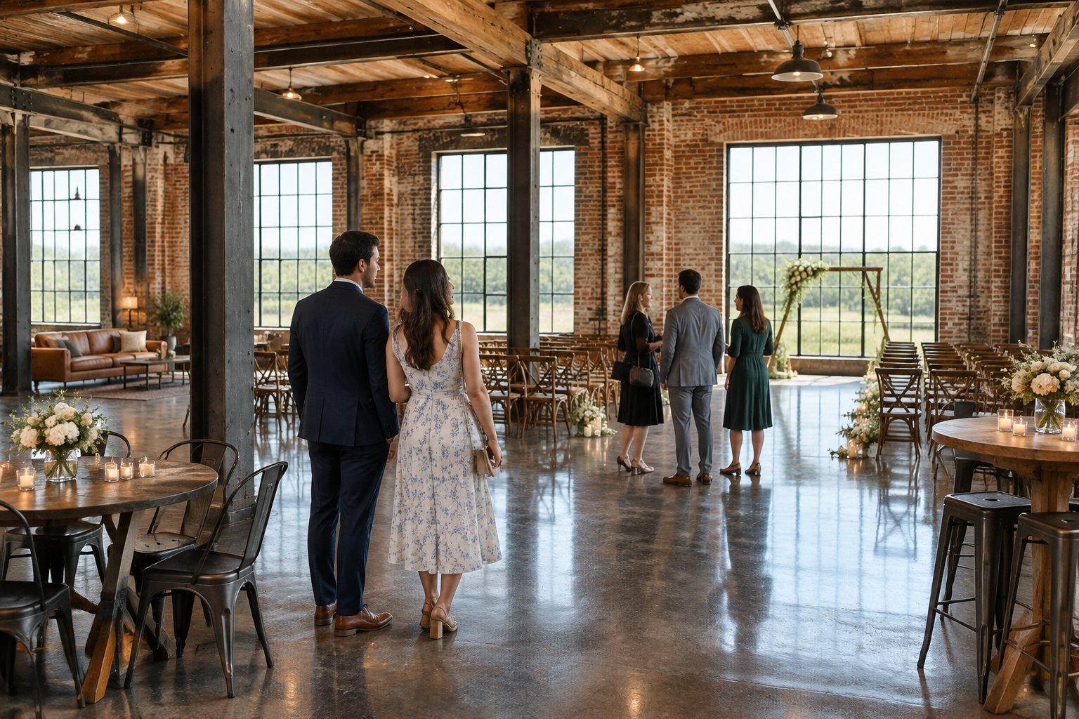 A couple and guests explore a converted industrial wedding venue.