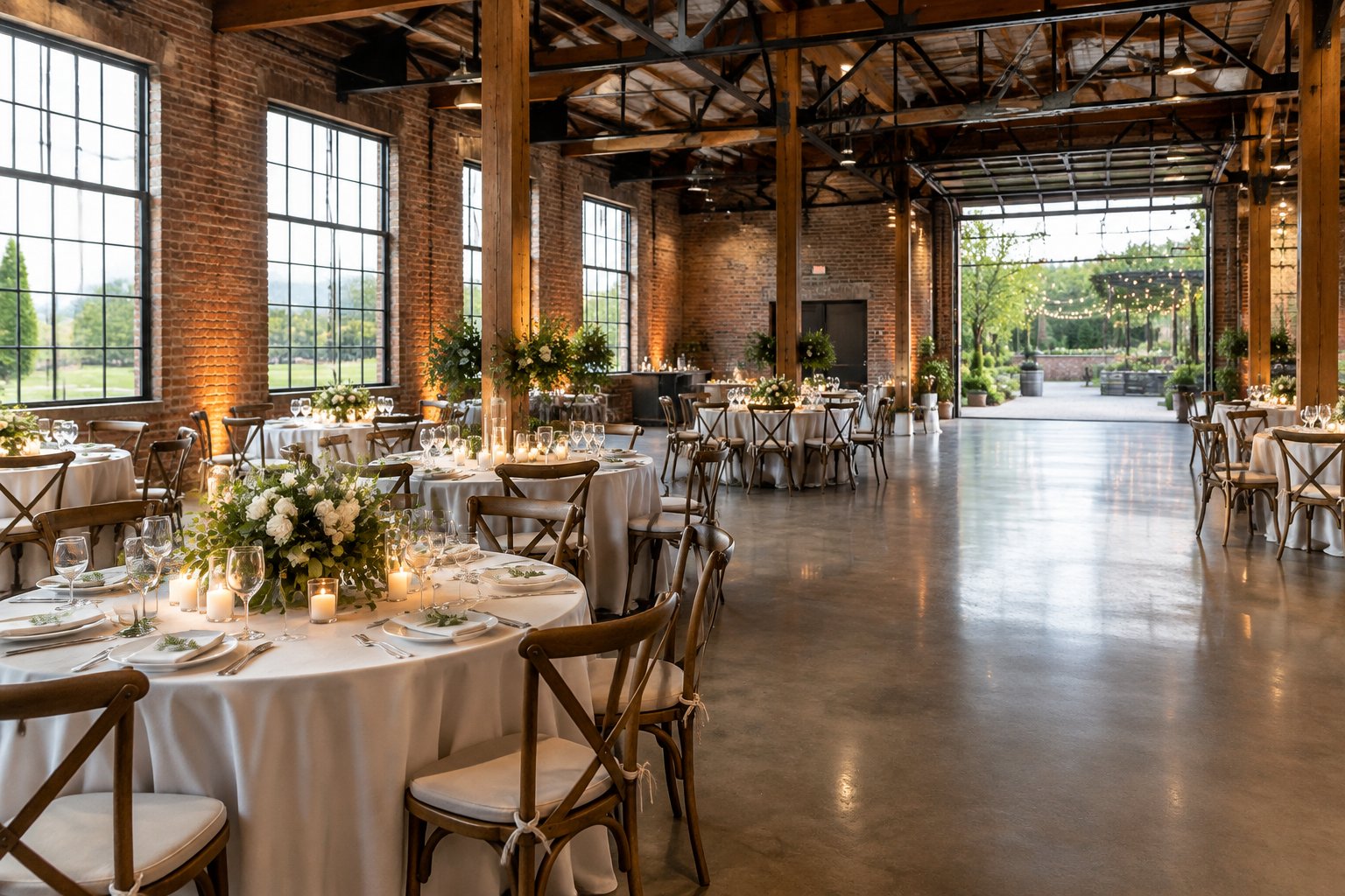 A wedding reception set among brick walls, timber beams, and large windows.
