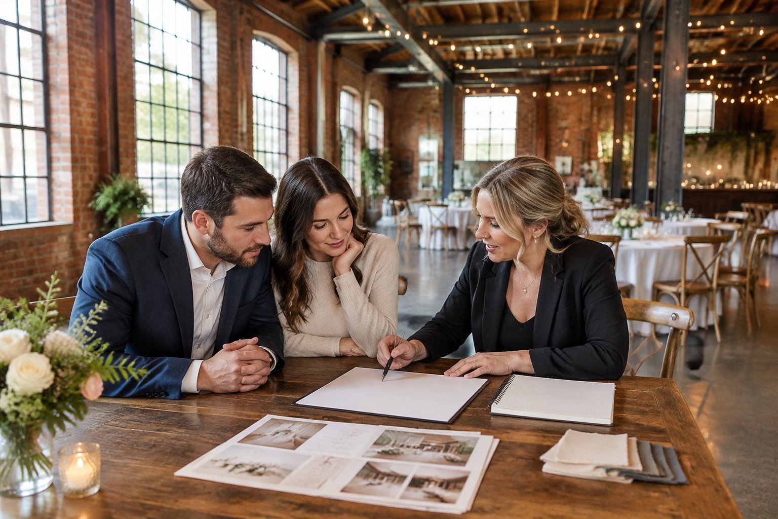 A couple and wedding planner review wedding plans at a table in an industrial venue.