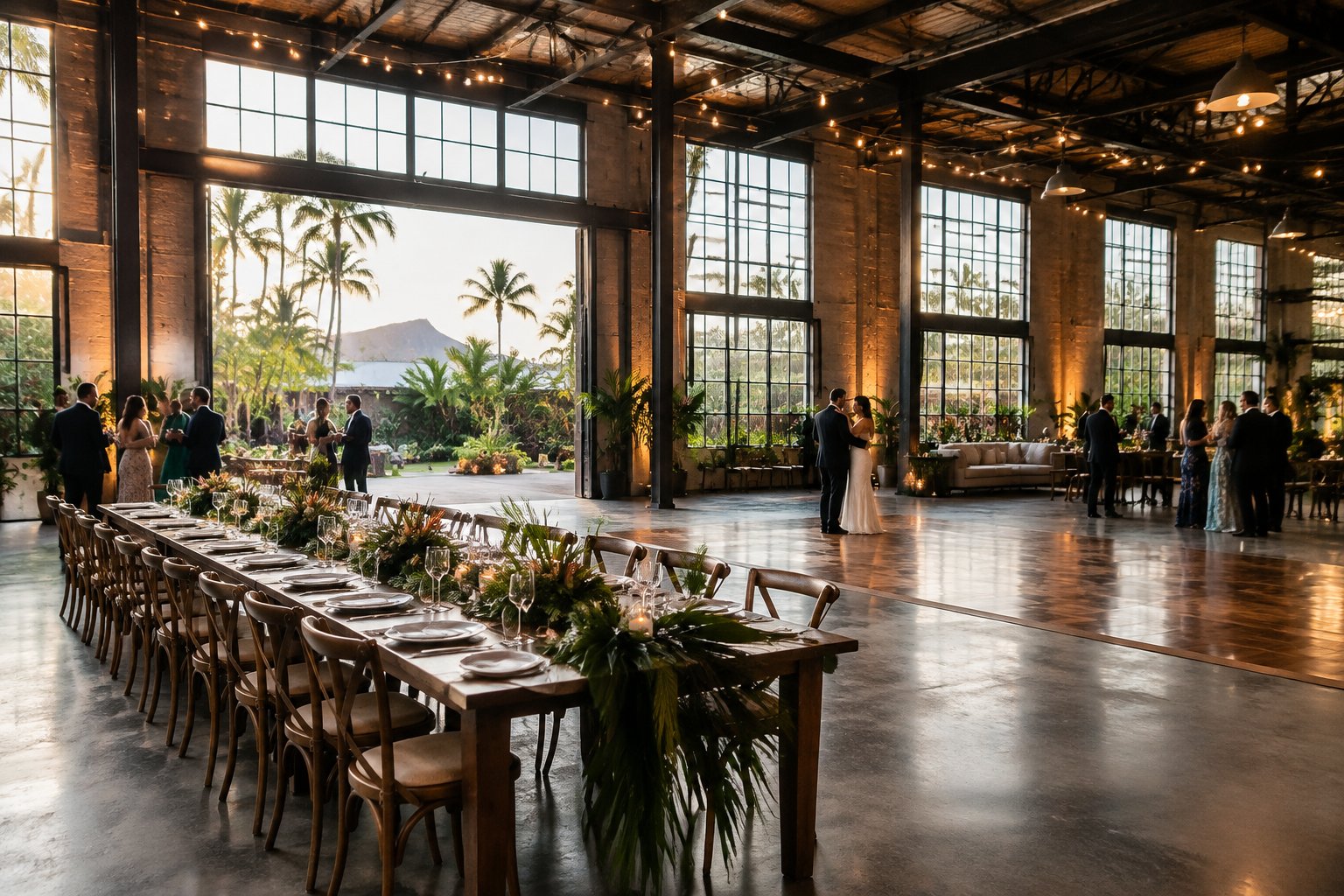 Guests celebrate at a wedding reception in a warehouse venue beside a tropical courtyard.
