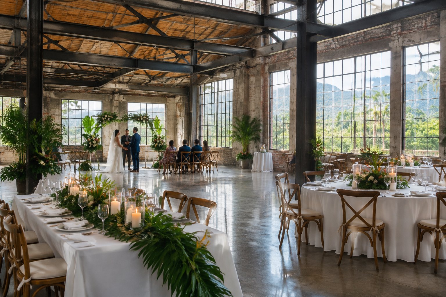 A couple and guests gather for a wedding inside a bright venue.