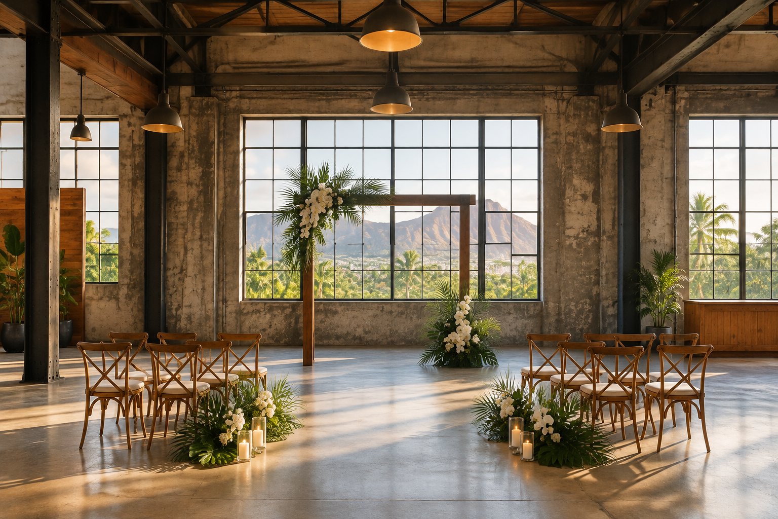 A wedding ceremony setup inside a spacious venue with tropical greenery visible through the windows.
