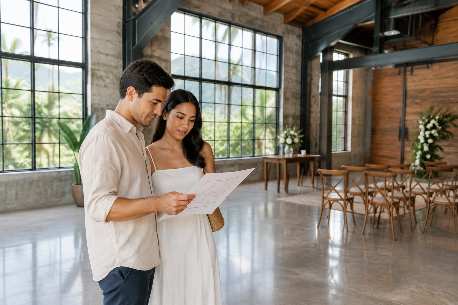 A couple reviews a floor plan inside an industrial wedding venue.
