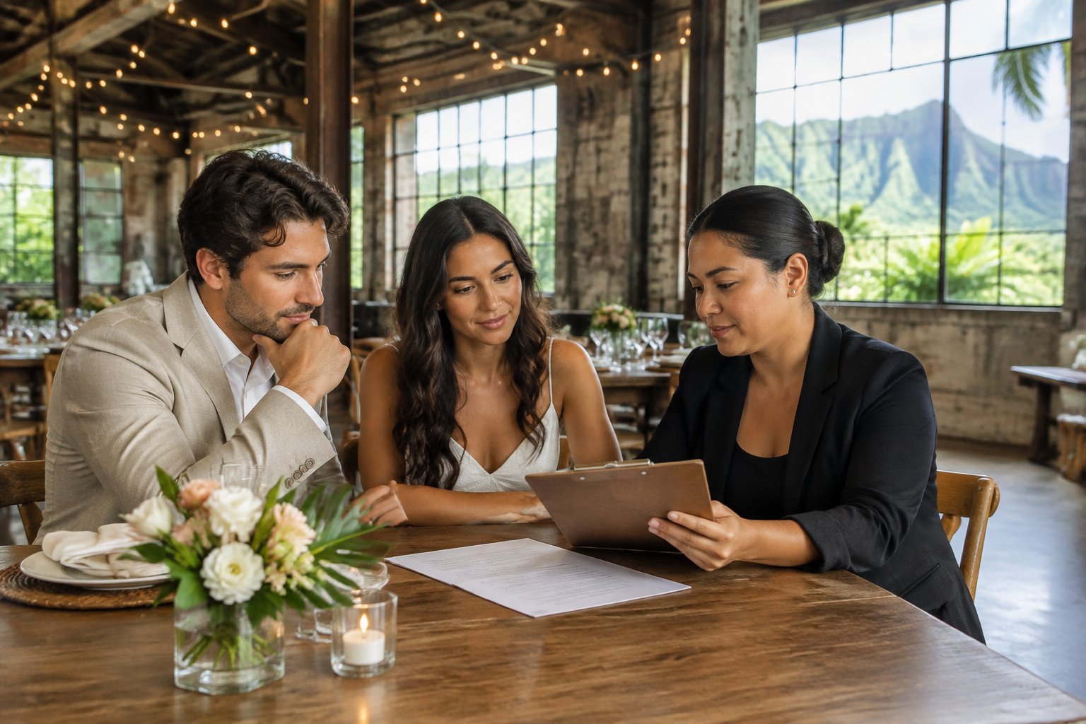 A couple and venue coordinator review papers at a table in an industrial wedding venue.