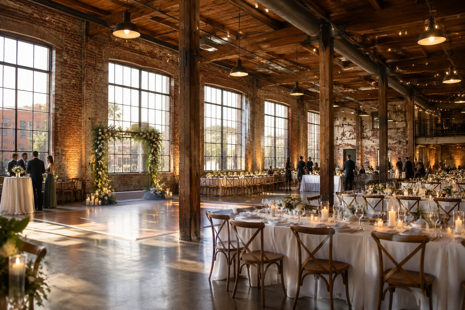 A wedding reception is set up inside a historic brick industrial venue.