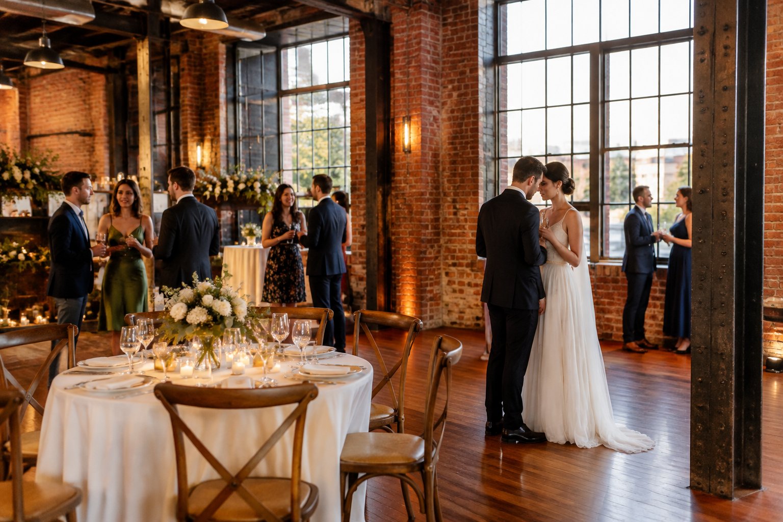 A couple and guests gather for a wedding reception in a brick industrial venue.