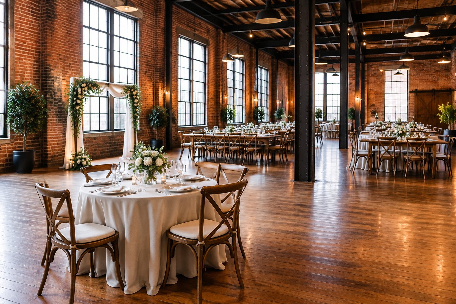 A brick warehouse venue arranged for a wedding reception.