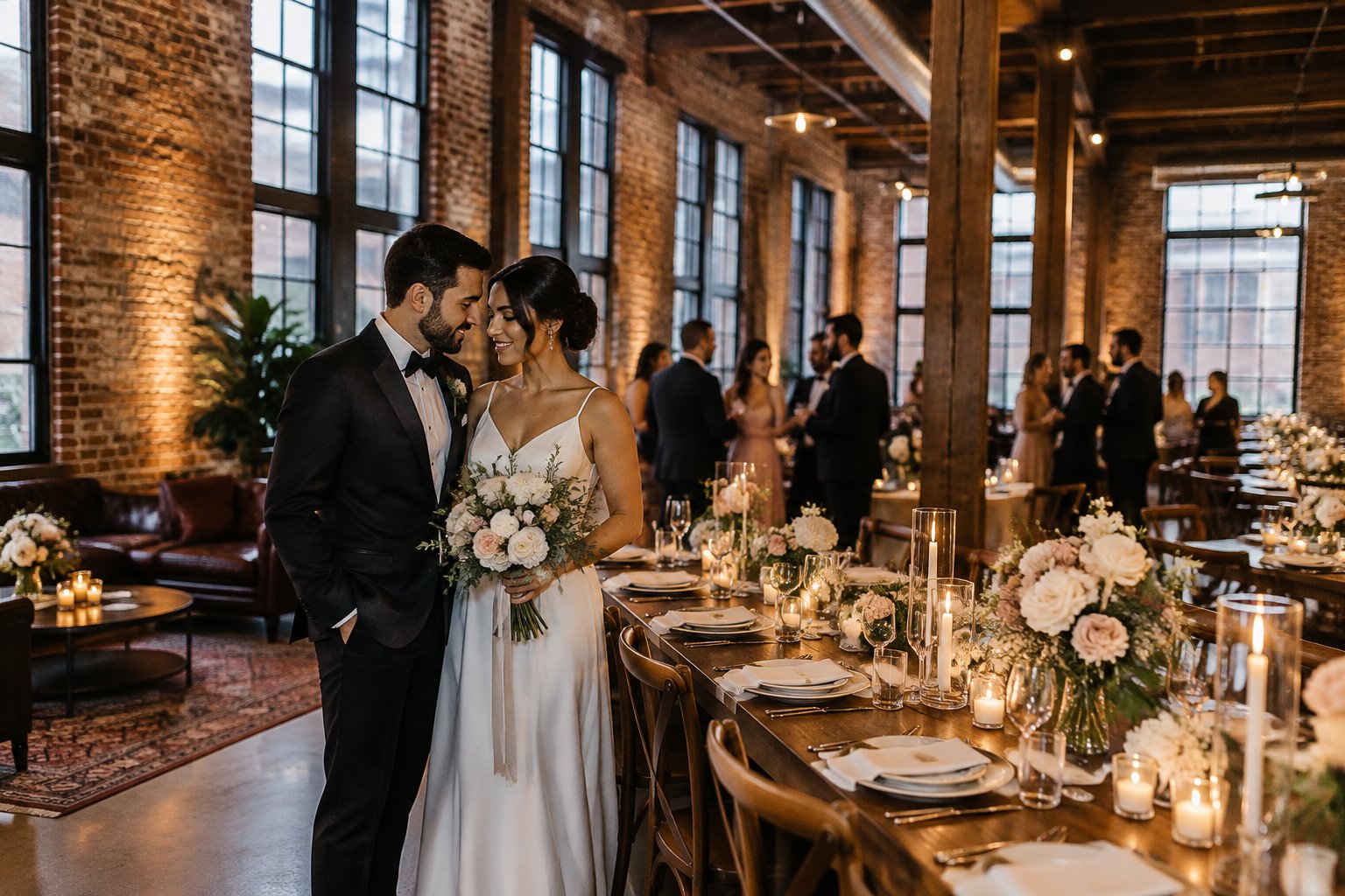 A couple stands together at a wedding reception in a brick-walled venue.