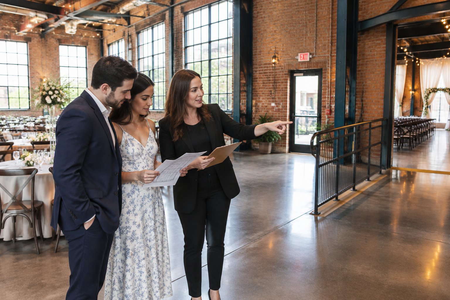 A couple and venue coordinator inspect an industrial wedding venue.