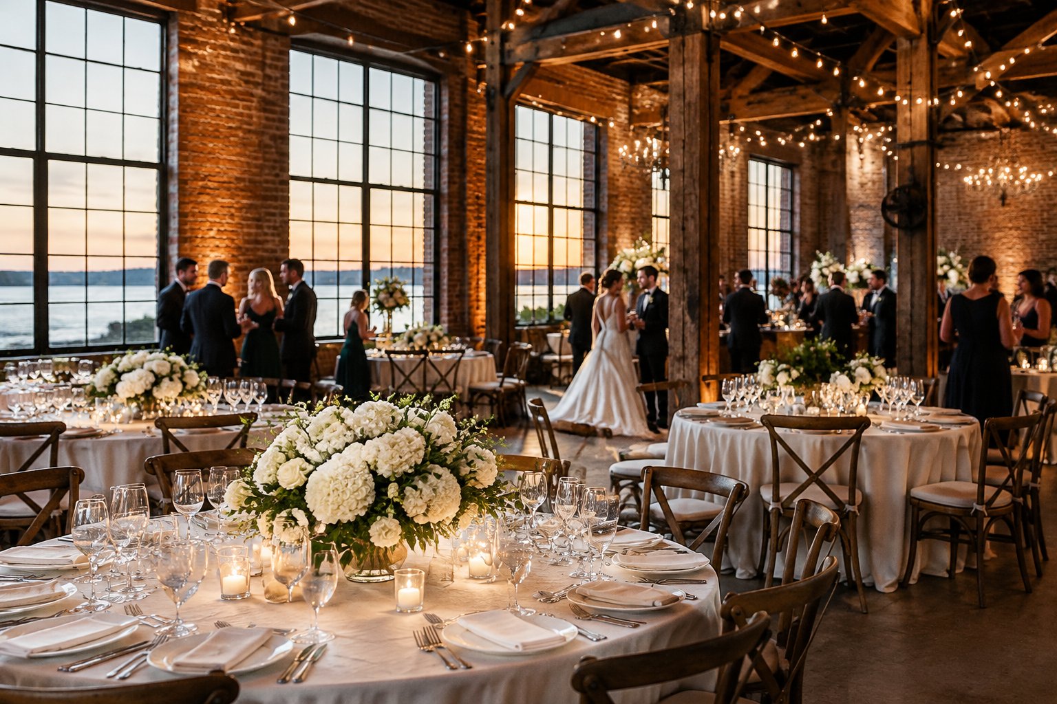 Guests celebrate at a wedding reception in a brick-walled venue.