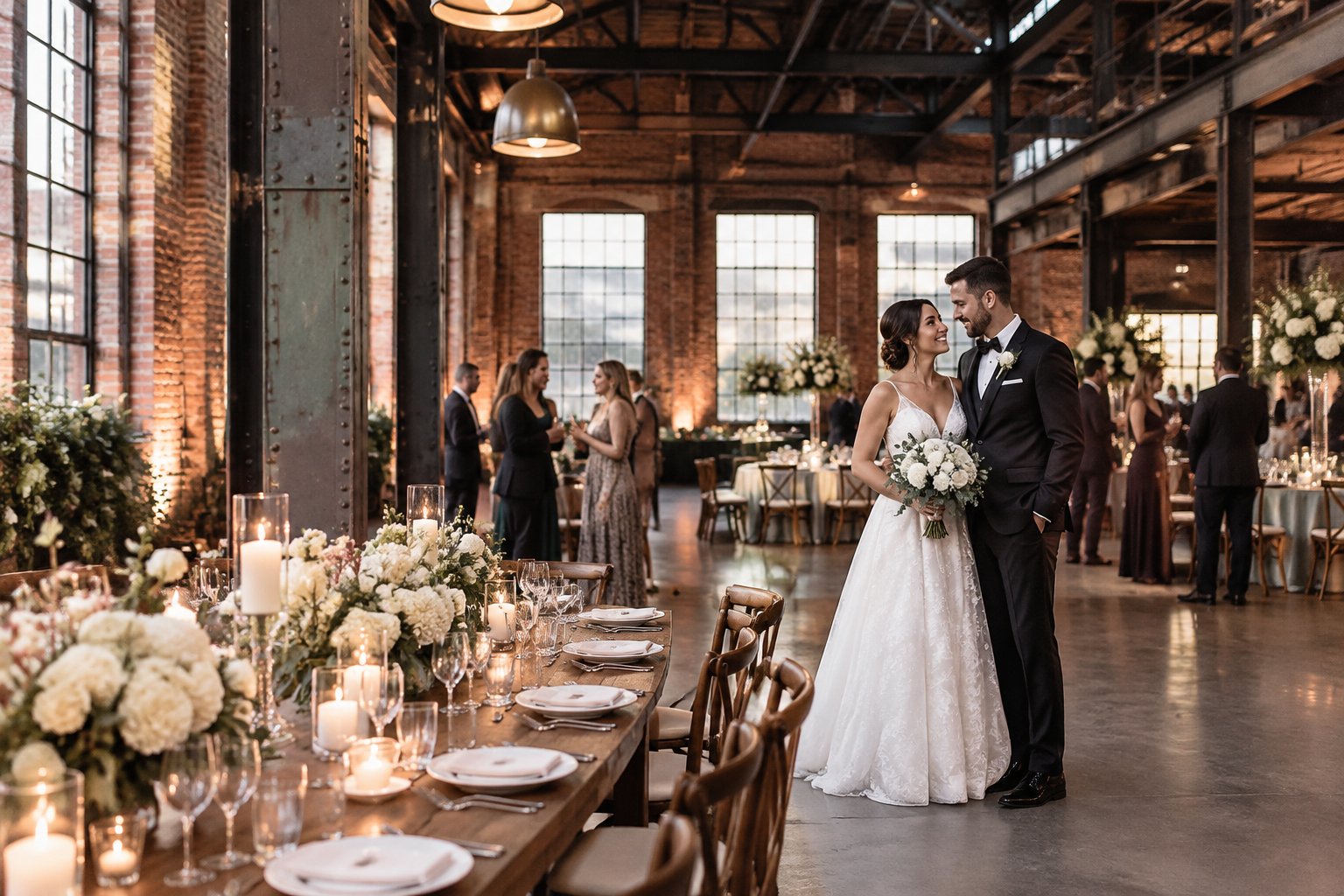 A couple celebrates at a wedding reception in a brick industrial venue.
