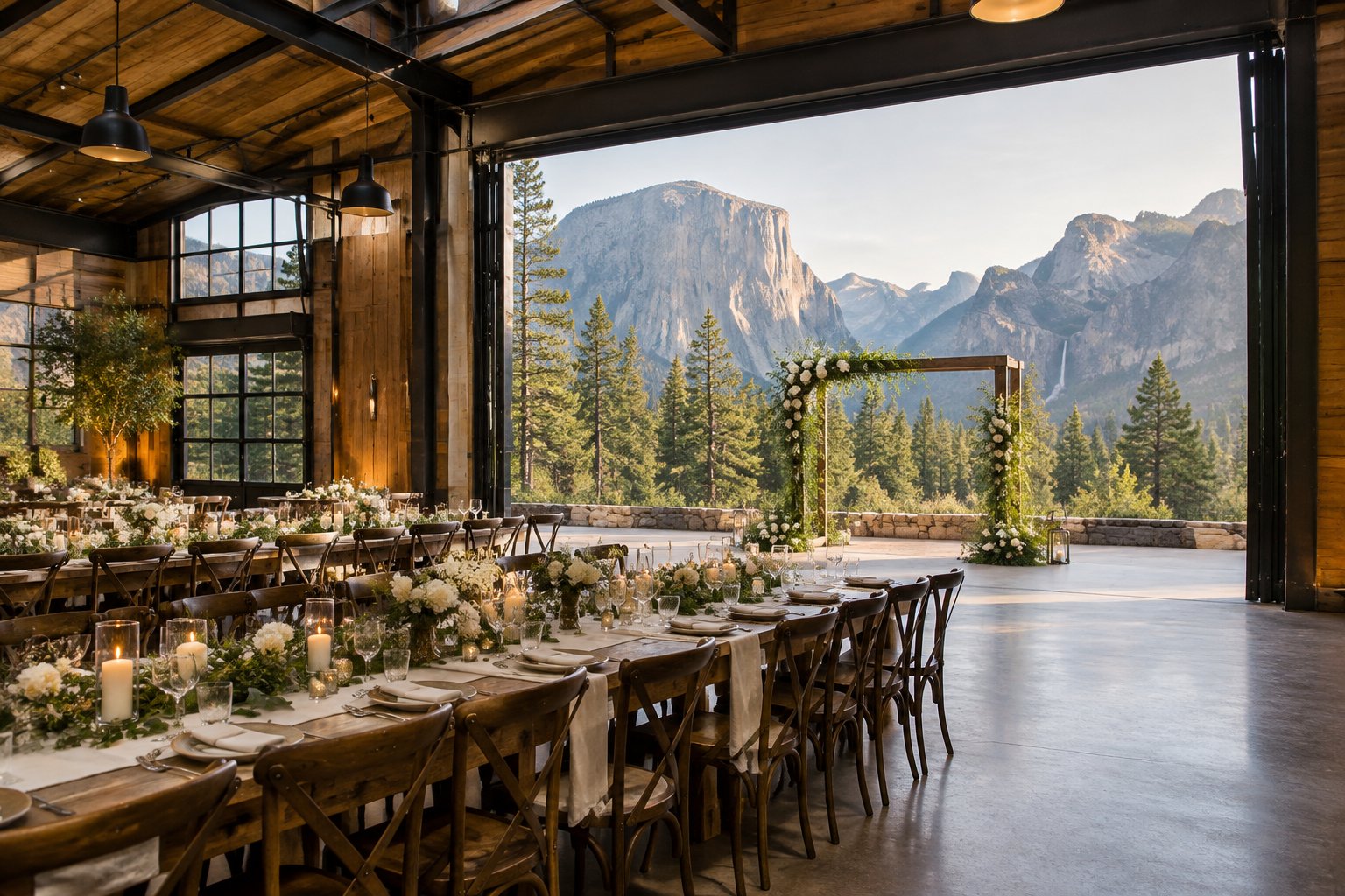 A wedding reception set inside a timber-and-steel venue overlooking Yosemite’s granite cliffs.