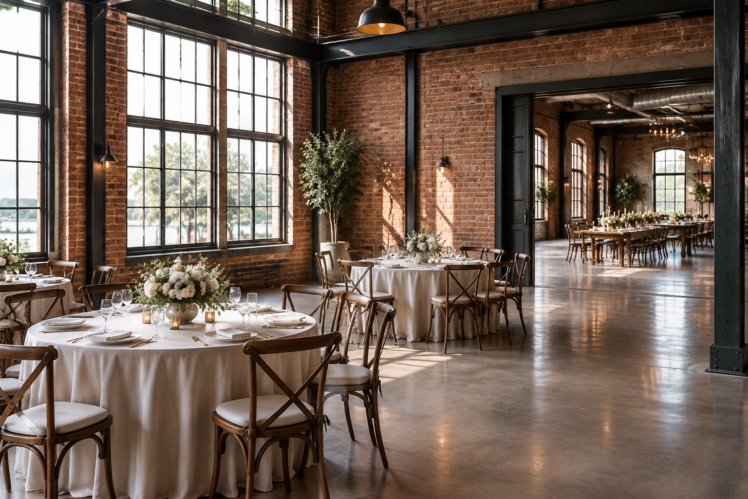 An industrial wedding venue with exposed brick, steel beams, and decorated dining tables.