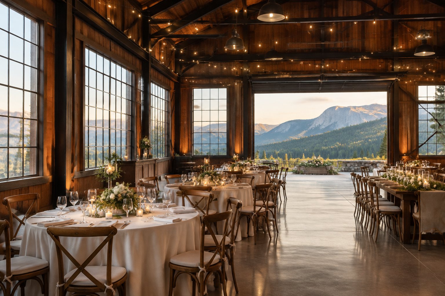 A wedding reception venue with large windows overlooking mountain scenery.