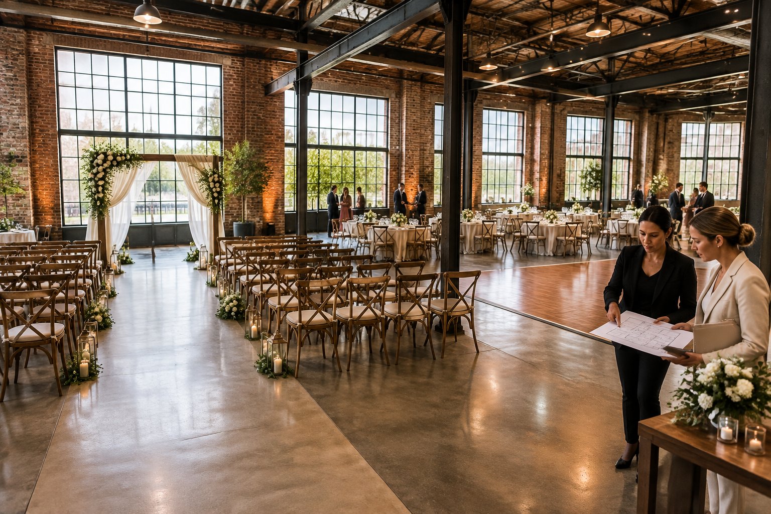 A wedding planner and venue coordinator review a layout in an industrial venue arranged for a ceremony and reception.