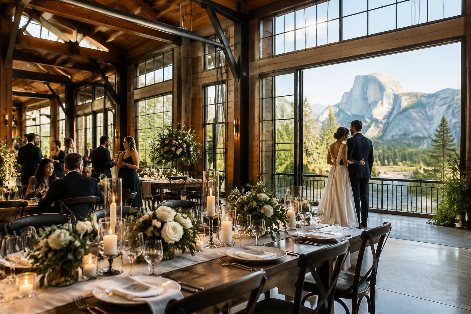 A couple at a wedding reception in a timber-and-steel venue with mountains visible through the windows.