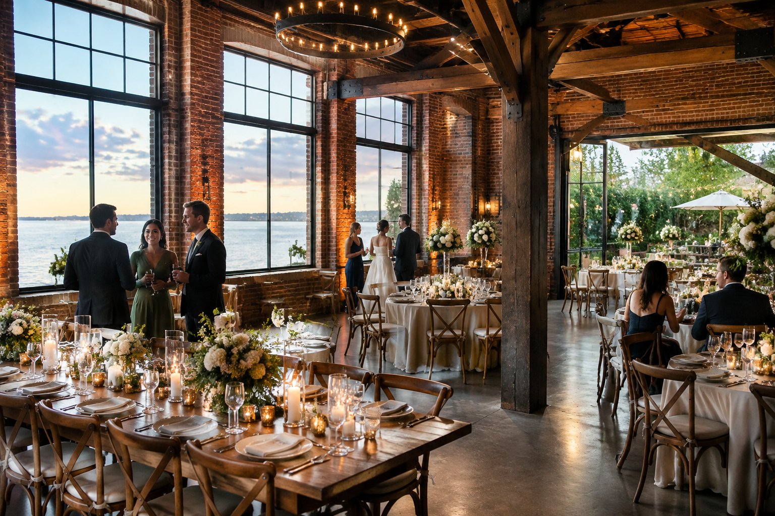 Guests gather at a wedding reception in a brick-walled venue.