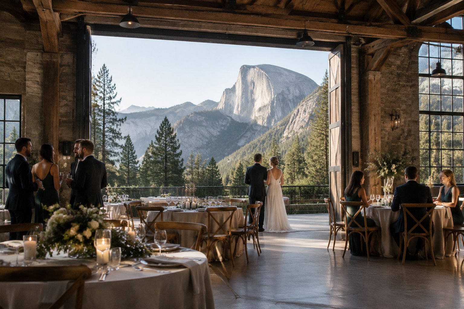 Guests gather at a wedding reception in a rustic venue overlooking Yosemite Valley.