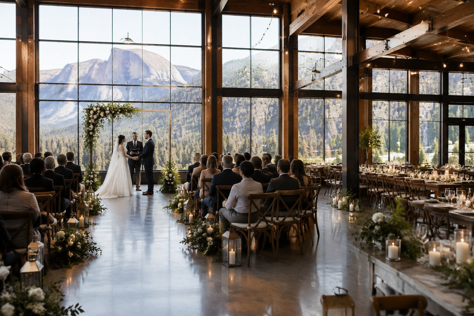 A couple exchanges vows in a warehouse venue with reception tables nearby and mountains visible through the windows.