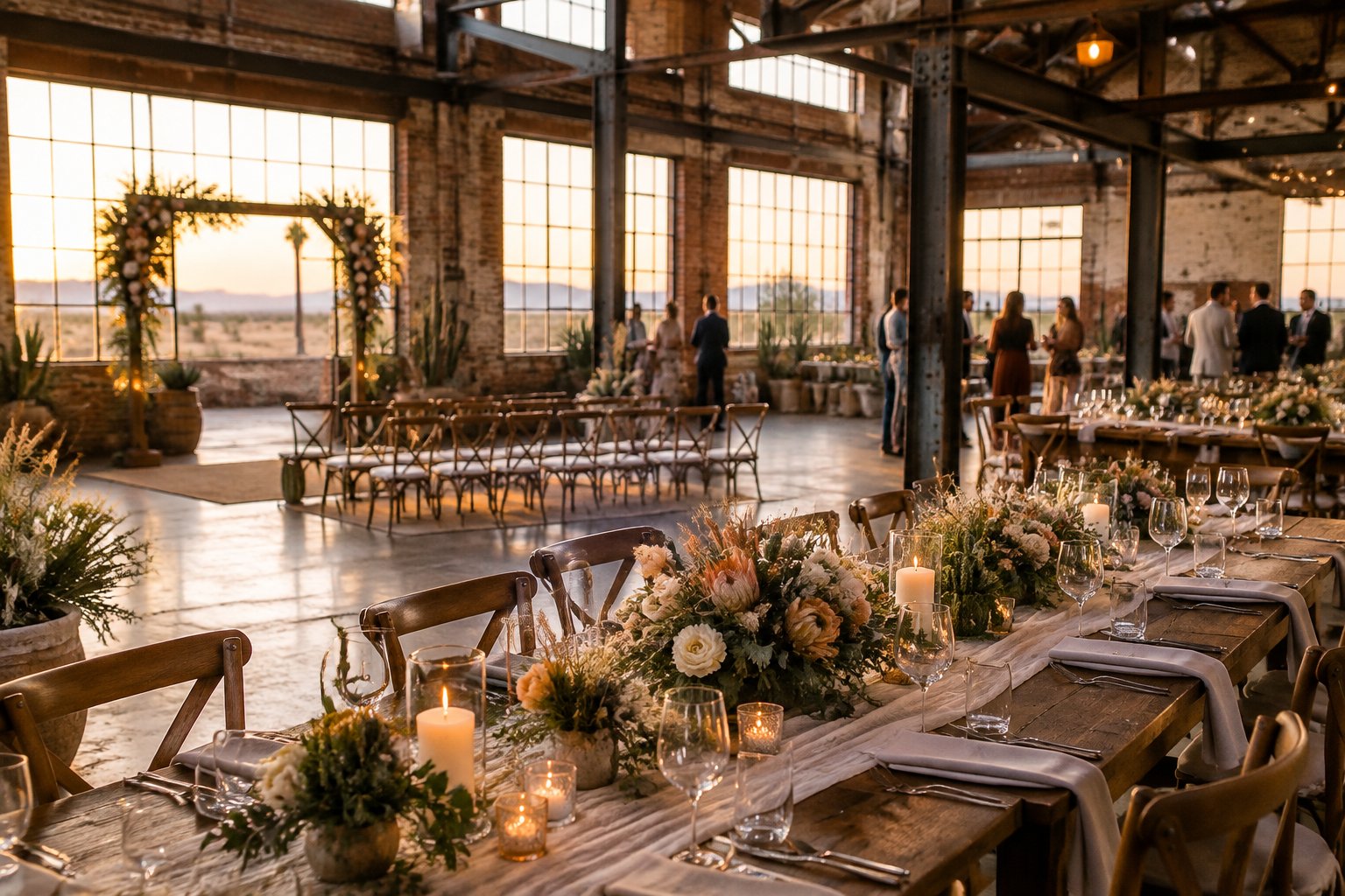 Guests gather for a wedding reception inside a decorated industrial warehouse.