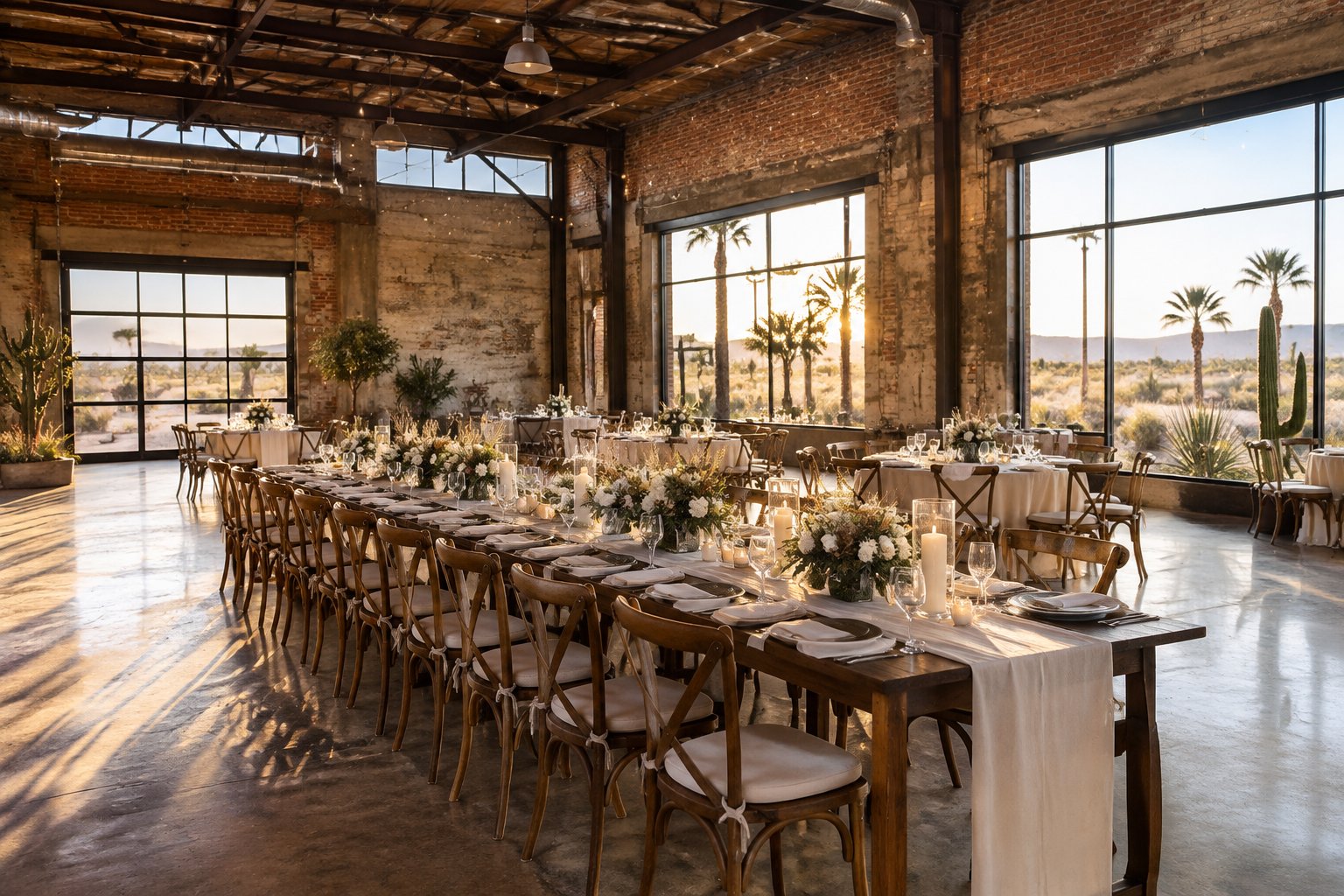 A wedding reception table inside a spacious warehouse venue.