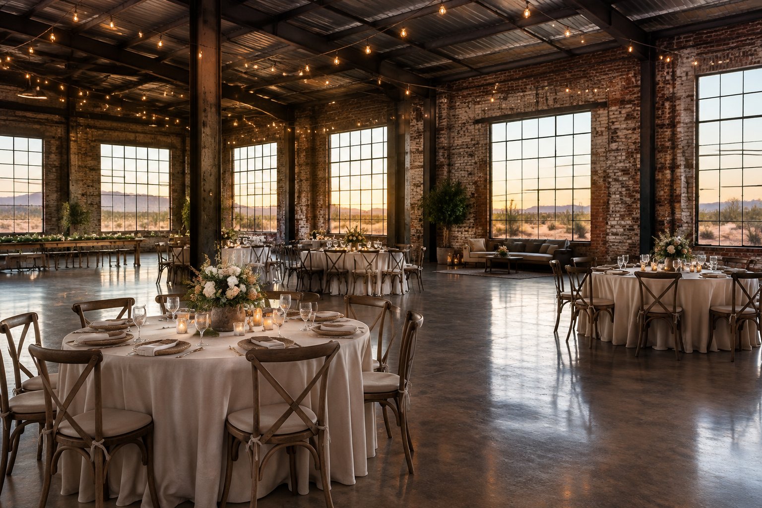 A decorated wedding reception inside a spacious industrial venue.