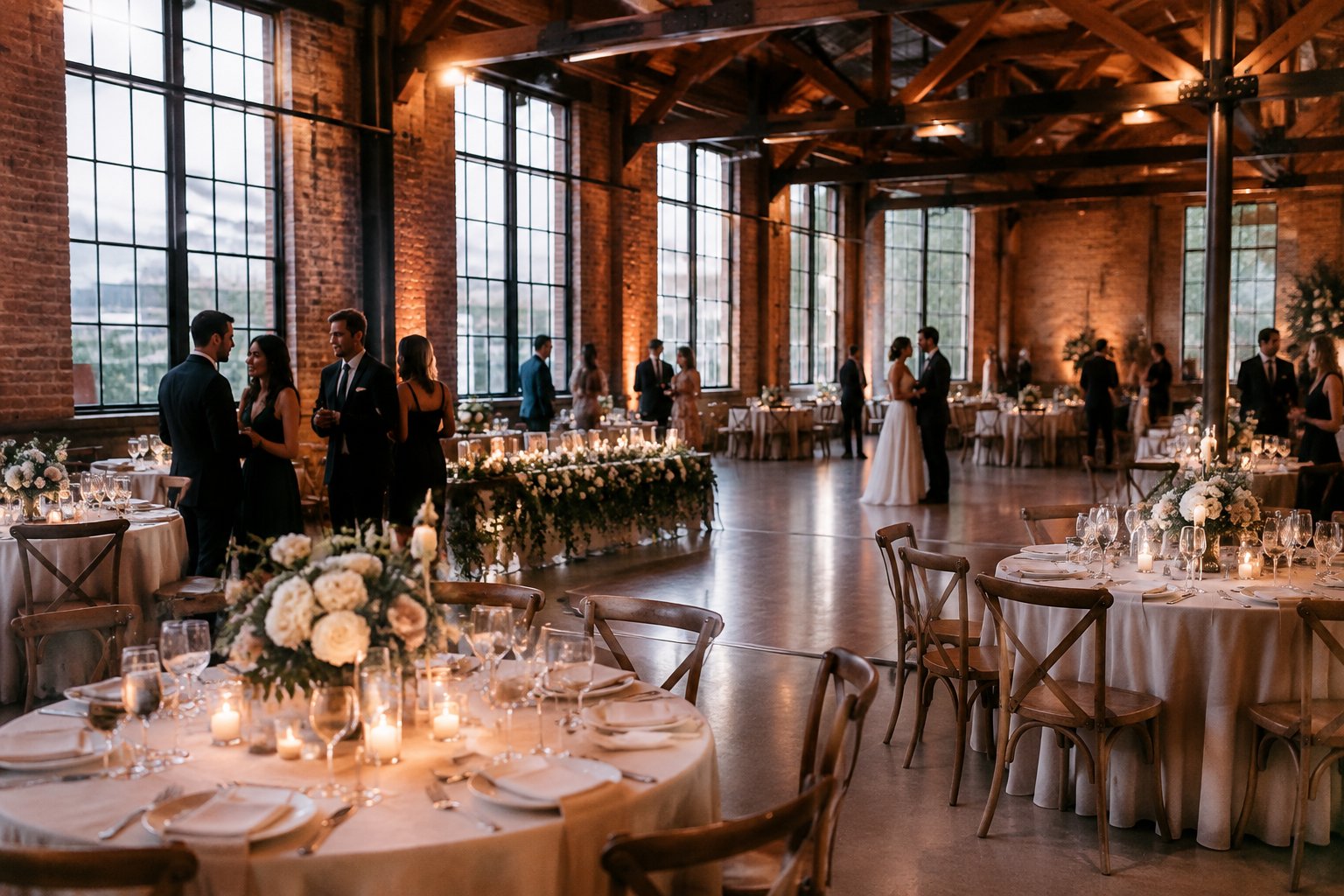 Guests gather for a wedding reception in a brick industrial venue.