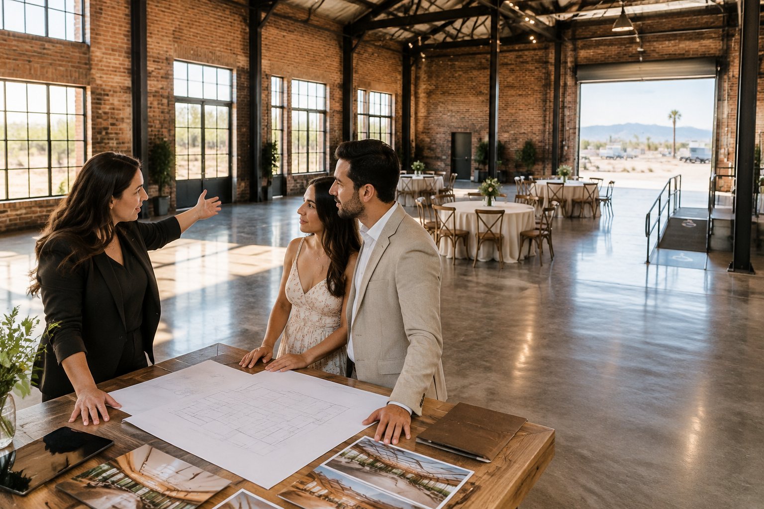 A couple and a venue coordinator review plans inside a spacious industrial wedding venue.