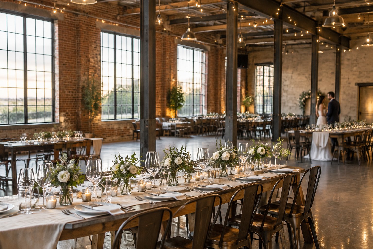 A wedding reception set among brick walls and steel beams in a spacious warehouse.
