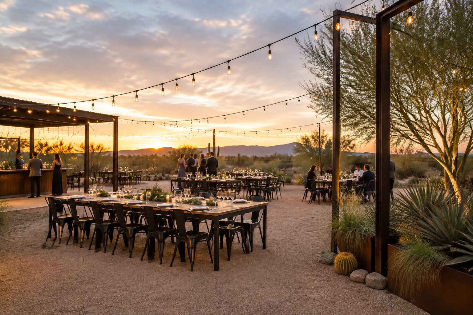 A wedding reception set up in an outdoor courtyard with tables, chairs, and string lights.