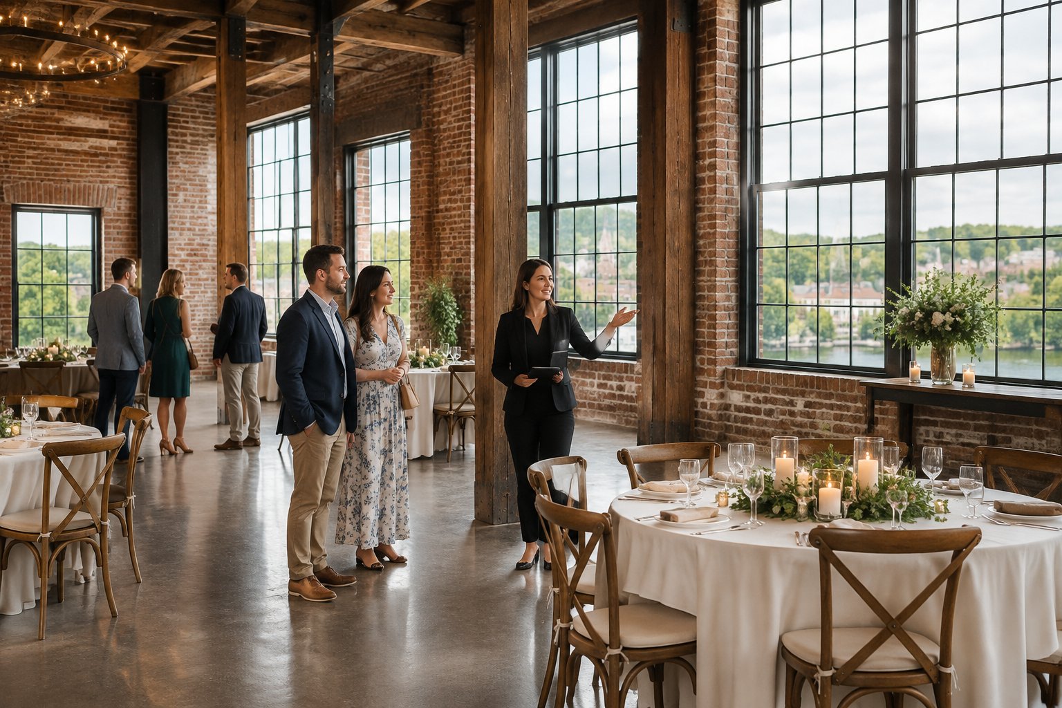 A couple tours a brick industrial wedding venue with a coordinator while a reception space is set up nearby.