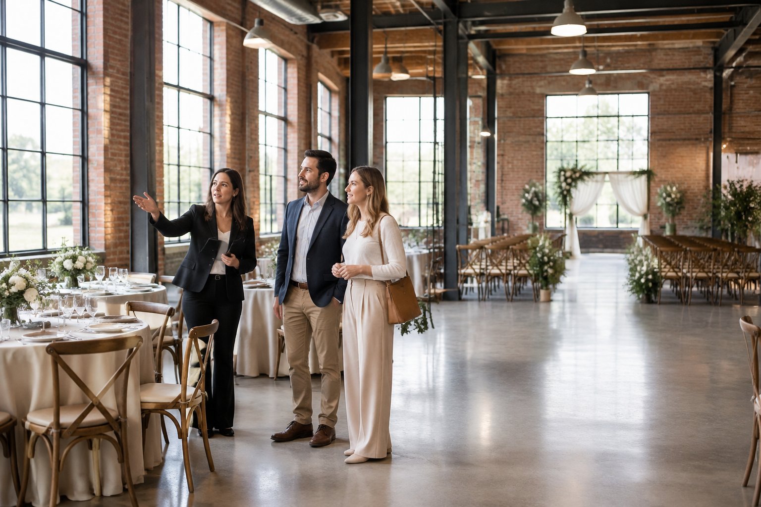 A couple and wedding planner tour a brick industrial venue set up for a wedding.