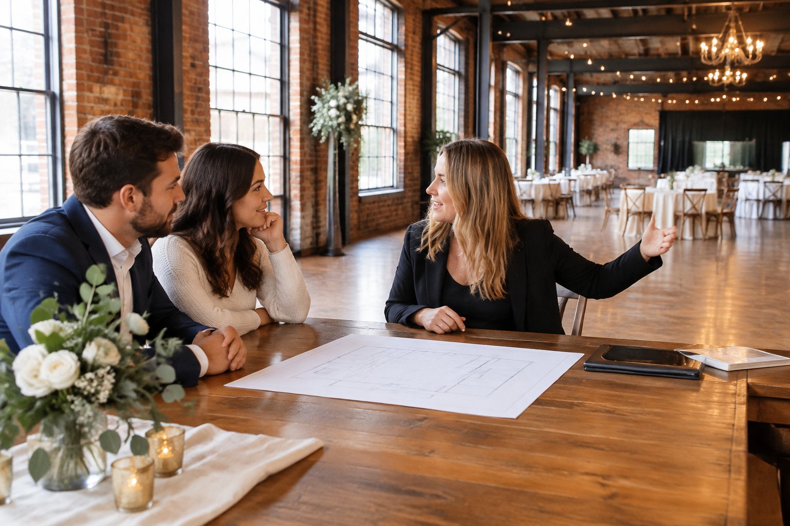 A couple discusses wedding plans with a venue coordinator in an industrial event space.