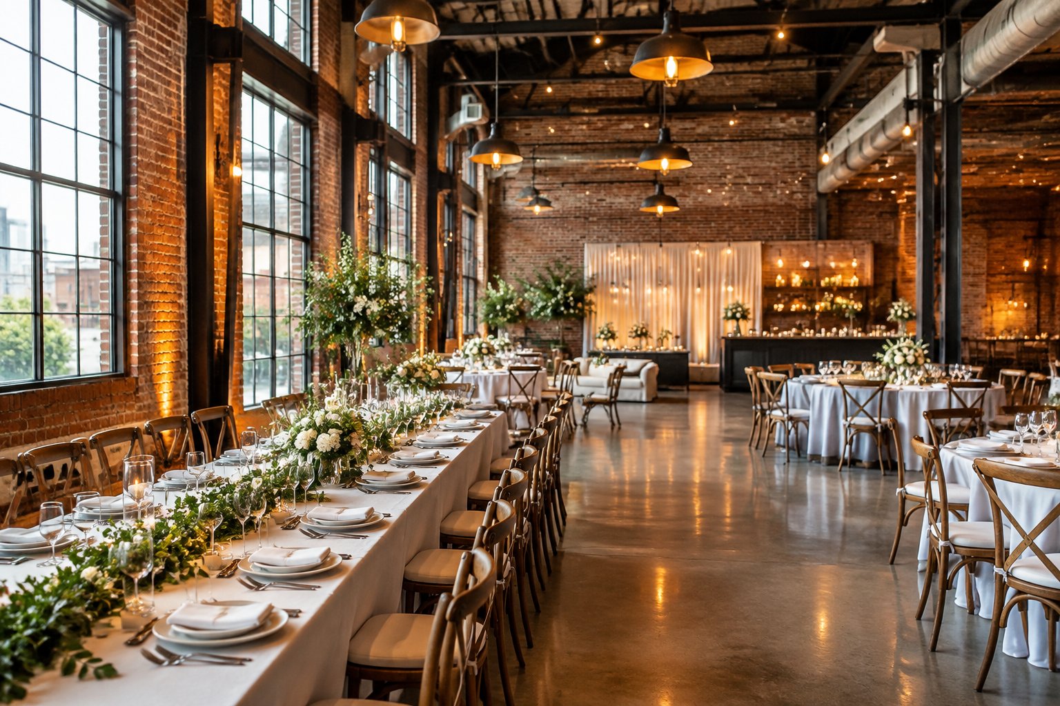 A wedding reception table inside a brick industrial venue.