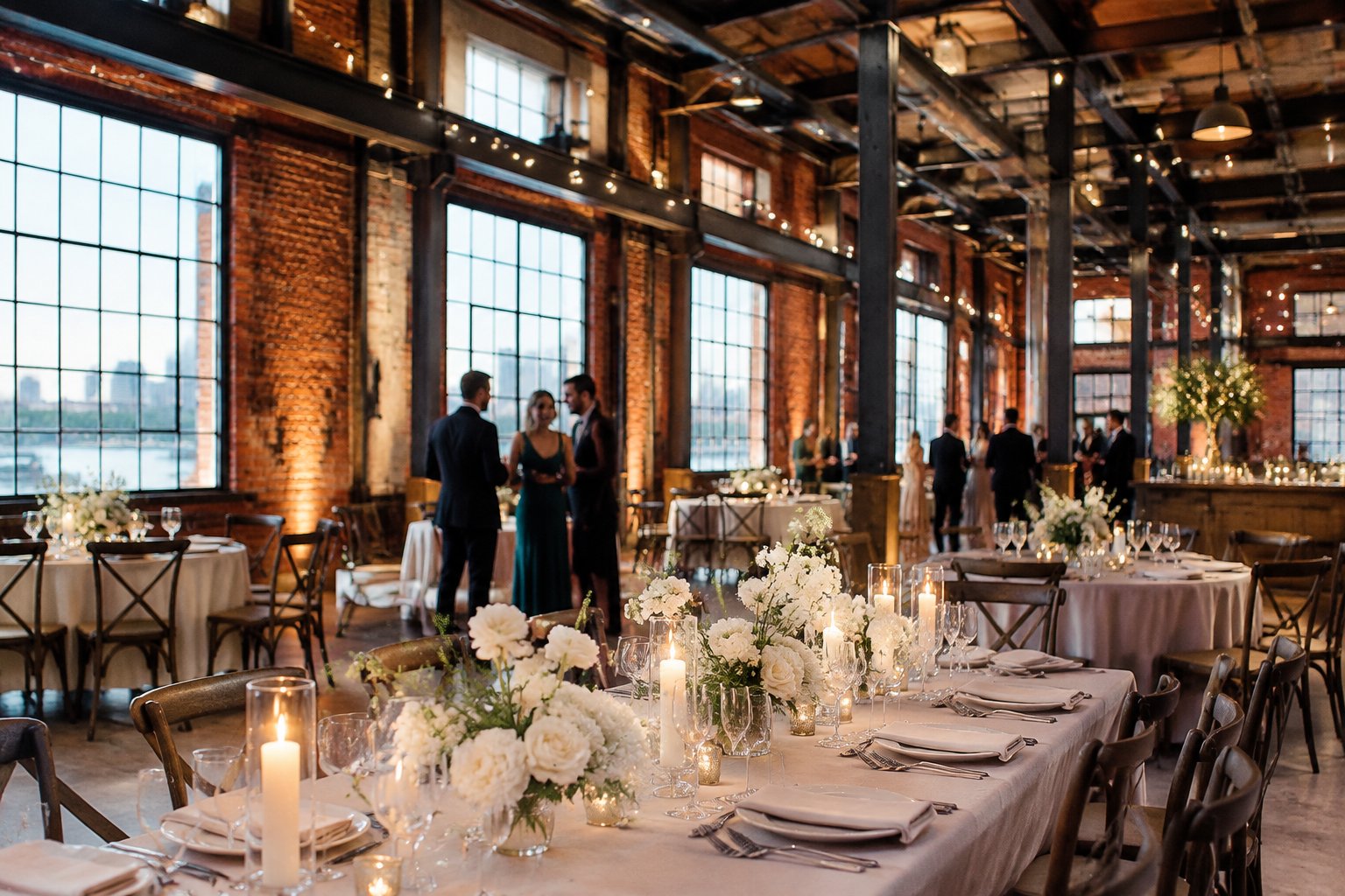 A wedding reception table inside a spacious warehouse venue with guests in the background.