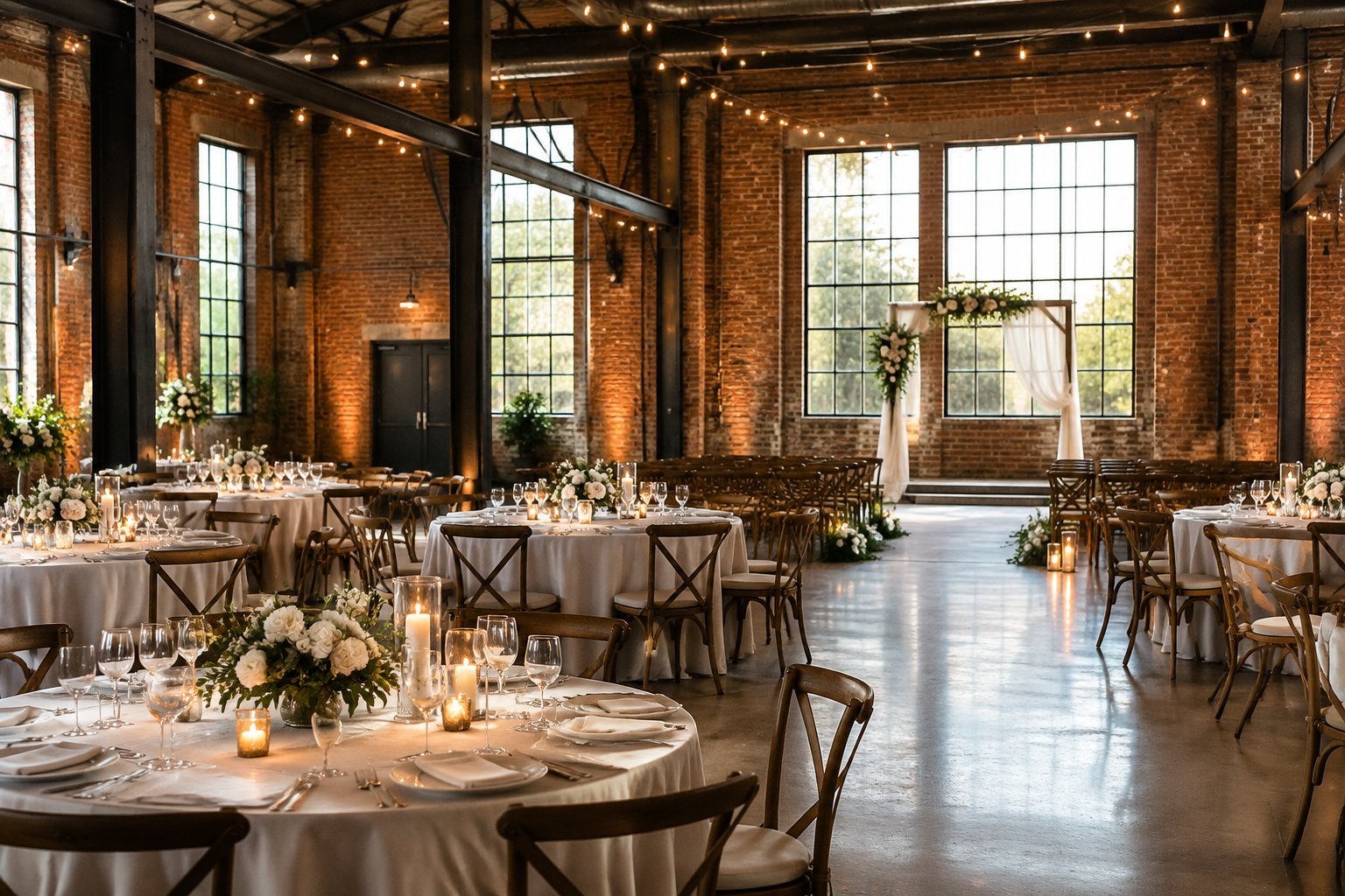 A warmly lit wedding reception arranged inside a brick industrial venue.