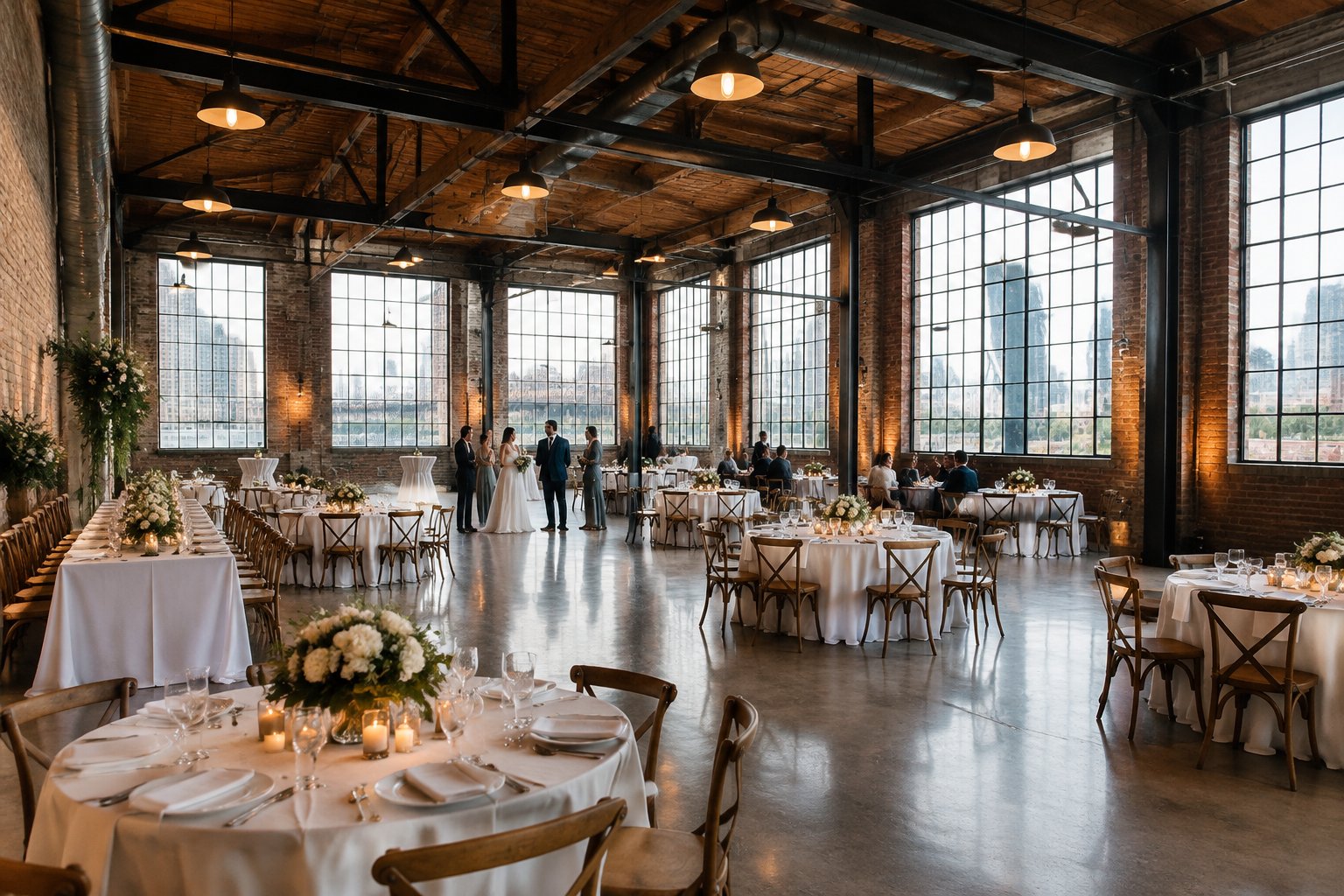 Guests gather around tables in a warehouse wedding venue.