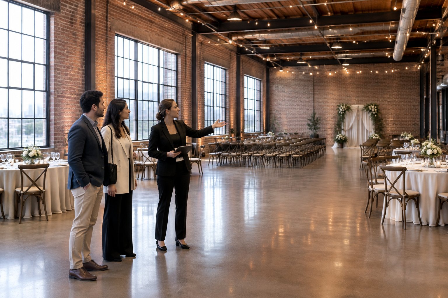 A couple and venue coordinator tour a spacious industrial wedding venue.