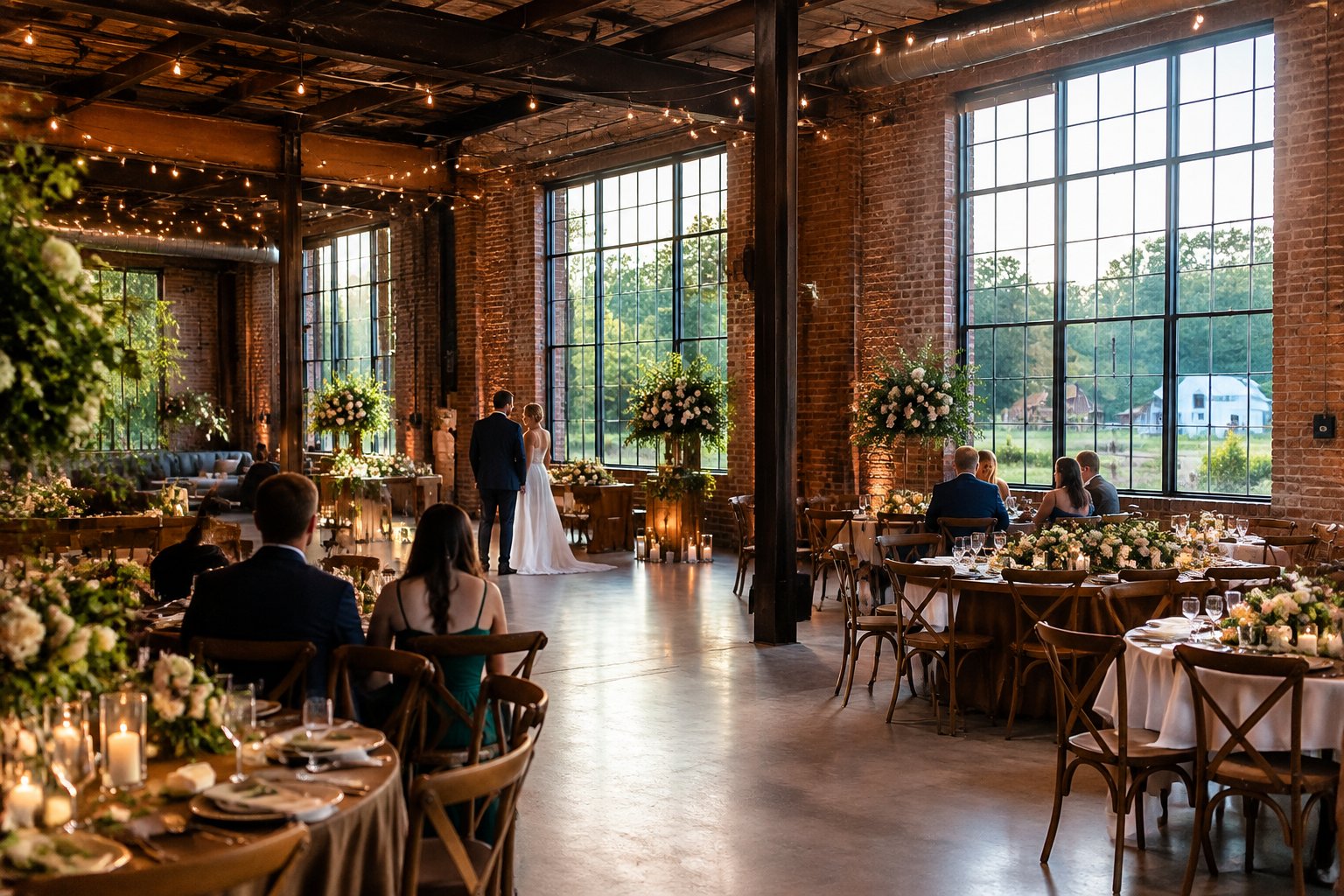Guests gather for a wedding reception in a brick industrial venue.