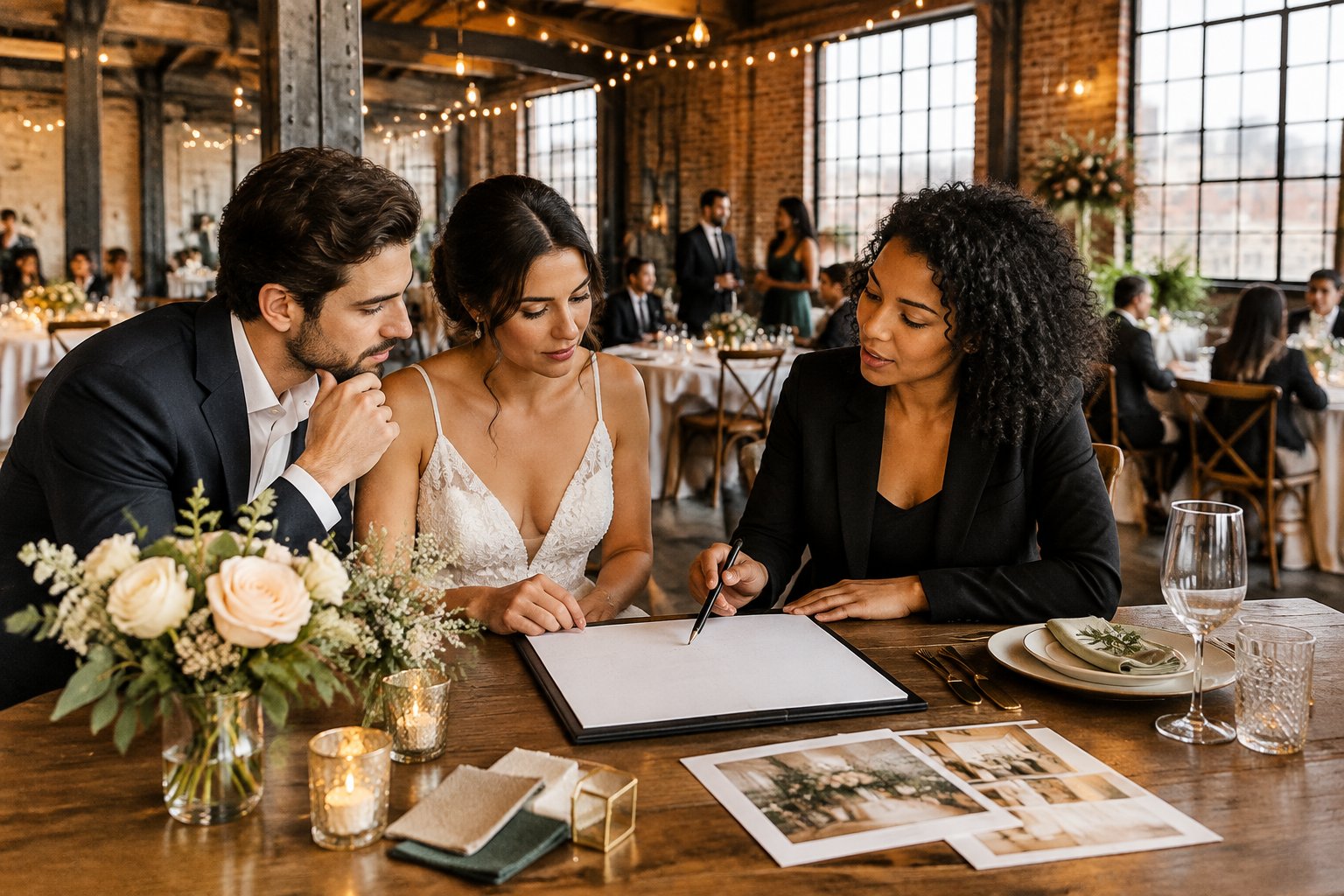 A couple and venue coordinator review wedding plans at a reception in a brick industrial venue.
