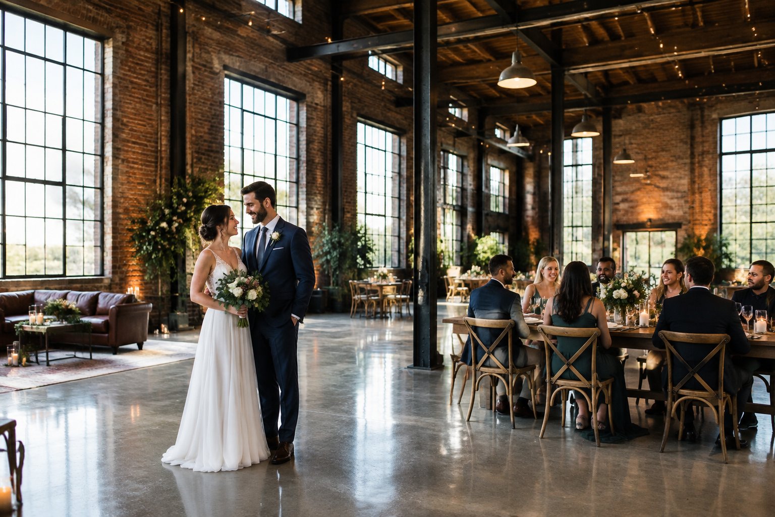 A couple and guests gather inside a brick warehouse wedding venue.