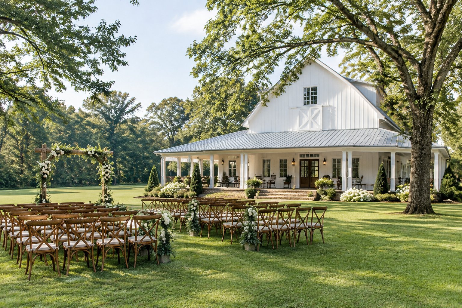 A white country venue with a covered porch and an outdoor wedding setup.