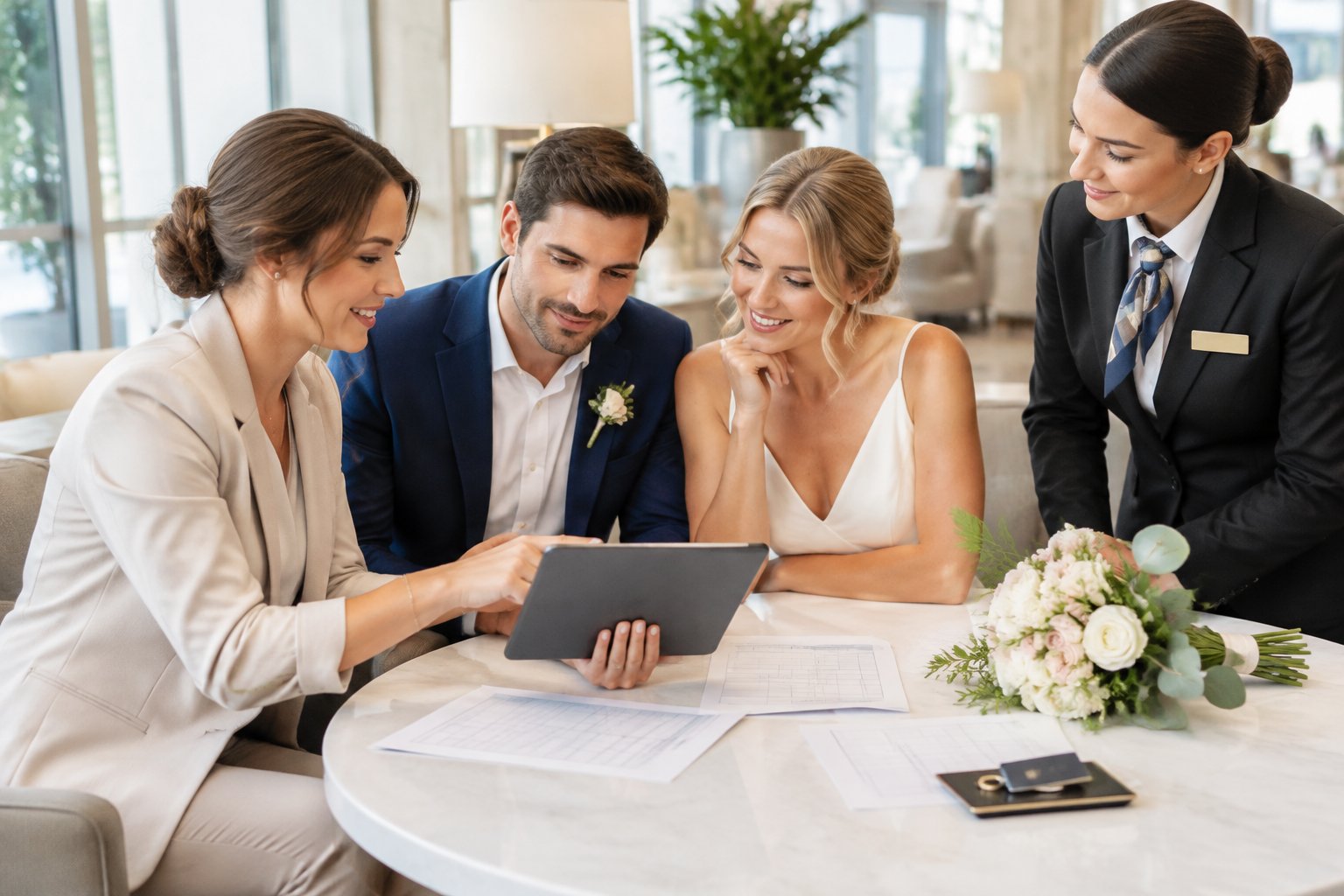 A couple and wedding planner review hotel booking materials with a receptionist nearby.