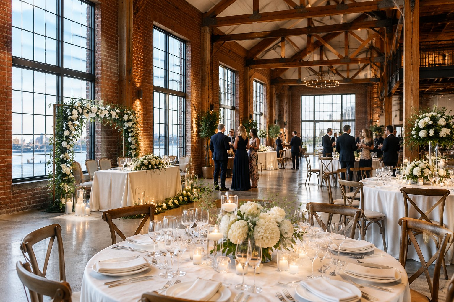 Guests gather at a wedding reception in a brick industrial hall.