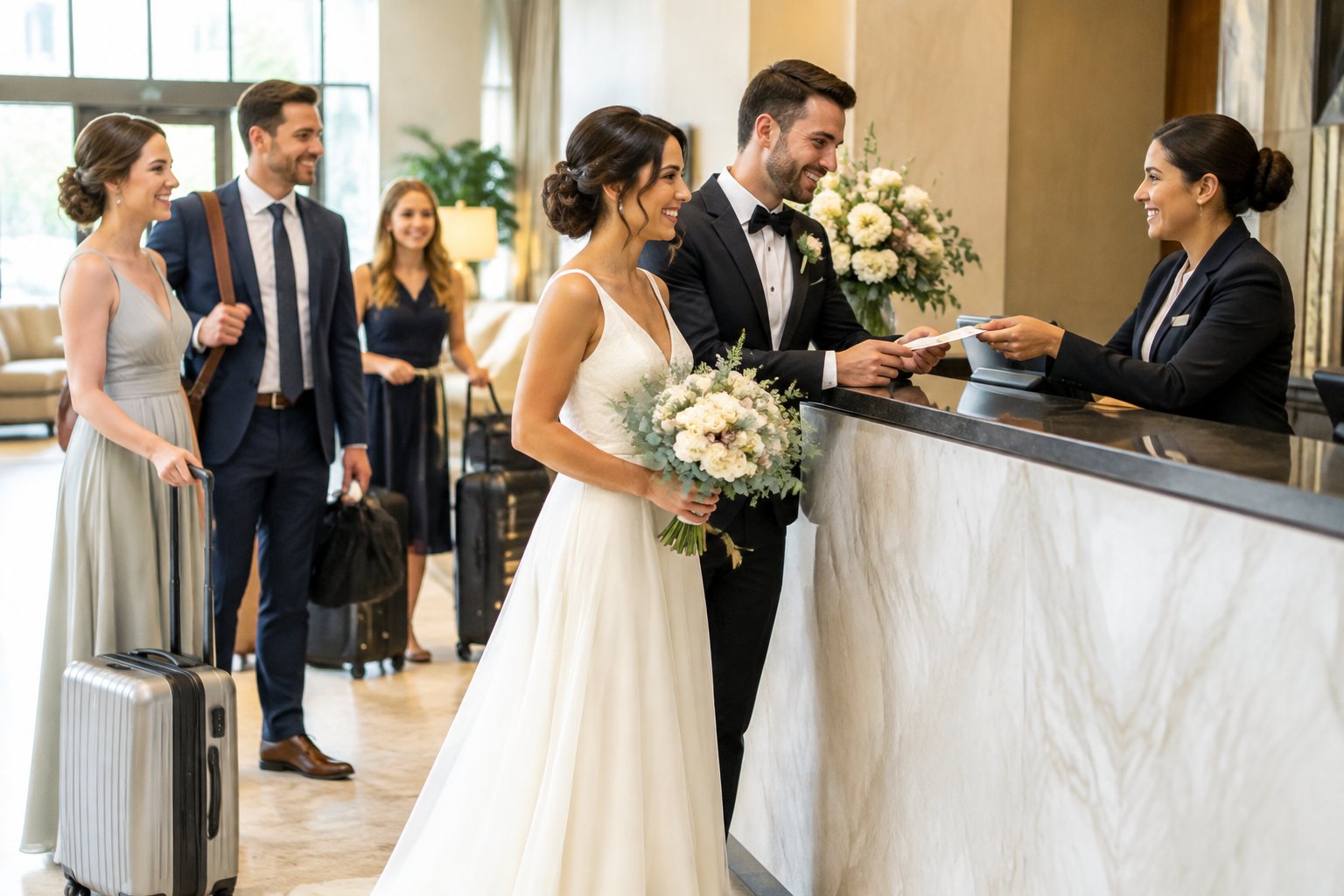 A newlywed couple and wedding guests checking in at a hotel.
