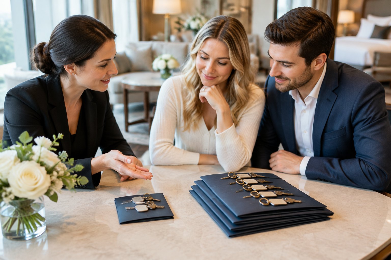 A wedding planner and an engaged couple compare hotel room keys and reservation folders.