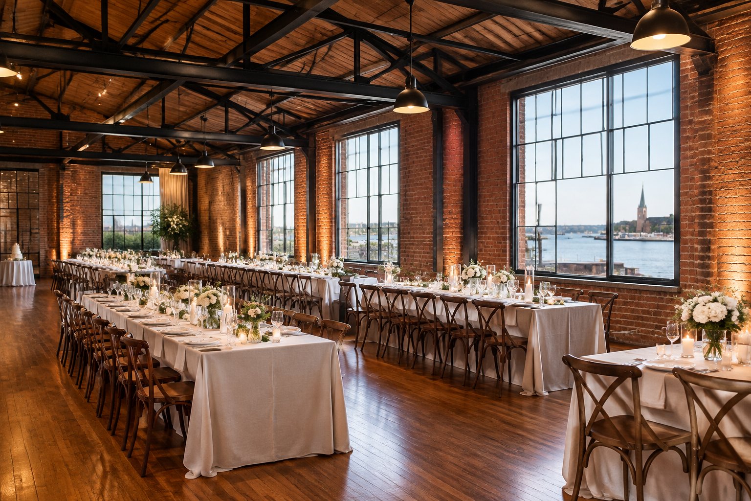 A wedding reception setup inside a brick-walled event space.