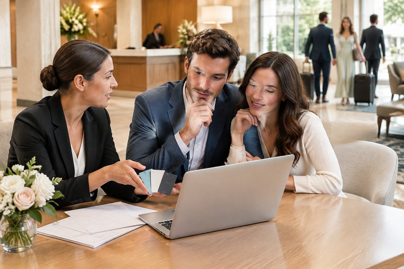 A couple and wedding planner review hotel room arrangements together in a hotel lobby.
